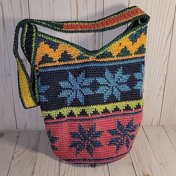 Artisan Crochet Fair Isle Southwestern multi Colored Crossbody Bag Cotton Boho - Picture 1 of 9